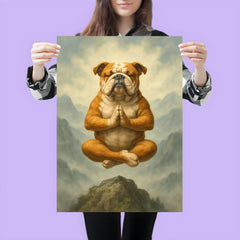 Bulldog yoga guru levitating serenely on a misty mountain peak poster 3