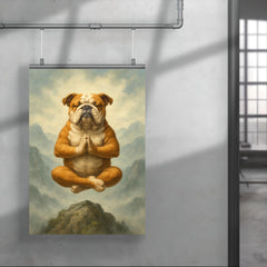 Bulldog yoga guru levitating serenely on a misty mountain peak poster 4