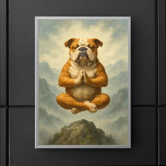 Bulldog yoga guru levitating serenely on a misty mountain peak poster 5