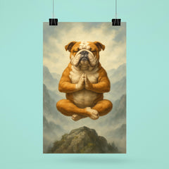 Bulldog yoga guru levitating serenely on a misty mountain peak poster 6