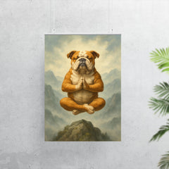 Bulldog yoga guru levitating serenely on a misty mountain peak poster 7