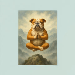 Bulldog yoga guru levitating serenely on a misty mountain peak poster 8