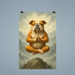 Bulldog yoga guru levitating serenely on a misty mountain peak poster 9