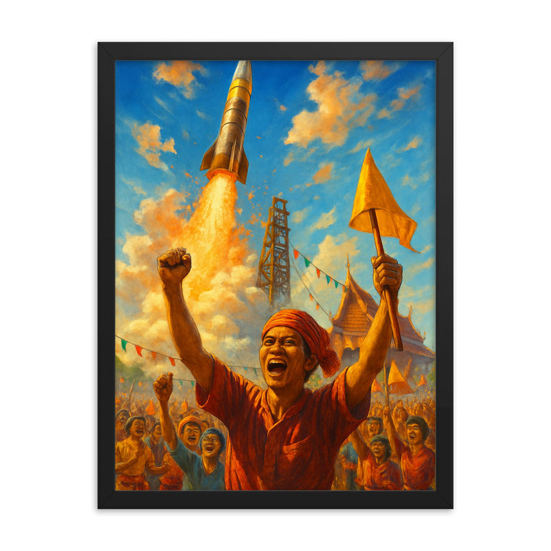 Bun Bang Fai Rocket Festival Thailand framed print on a plain backdrop in size 18