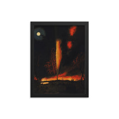 Burning Oil Well at Night by James Hamilton, 1861 framed print on a plain backdrop in size 12"x16".