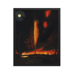 Burning Oil Well at Night by James Hamilton, 1861 framed print on a plain backdrop in size 16"x20".