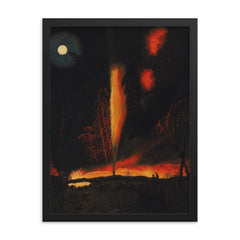 Burning Oil Well at Night by James Hamilton, 1861 framed print on a plain backdrop in size 18"x24".