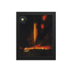 Burning Oil Well at Night by James Hamilton, 1861 framed print on a plain backdrop in size 8"x10".