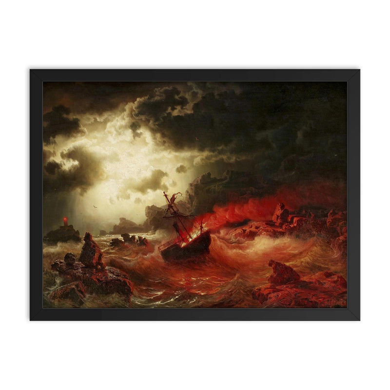 Burning Ship by Marcus Larsson framed print on a plain backdrop in size 18