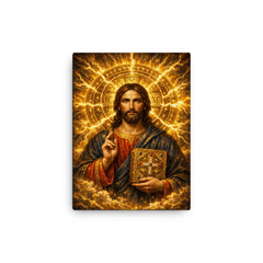 Byzantine Christ Pantocrator in gold storm halo canvas print on a plain backdrop in size 12"x16".