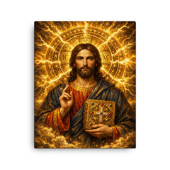 Byzantine Christ Pantocrator in gold storm halo canvas print on a plain backdrop in size 16"x20".