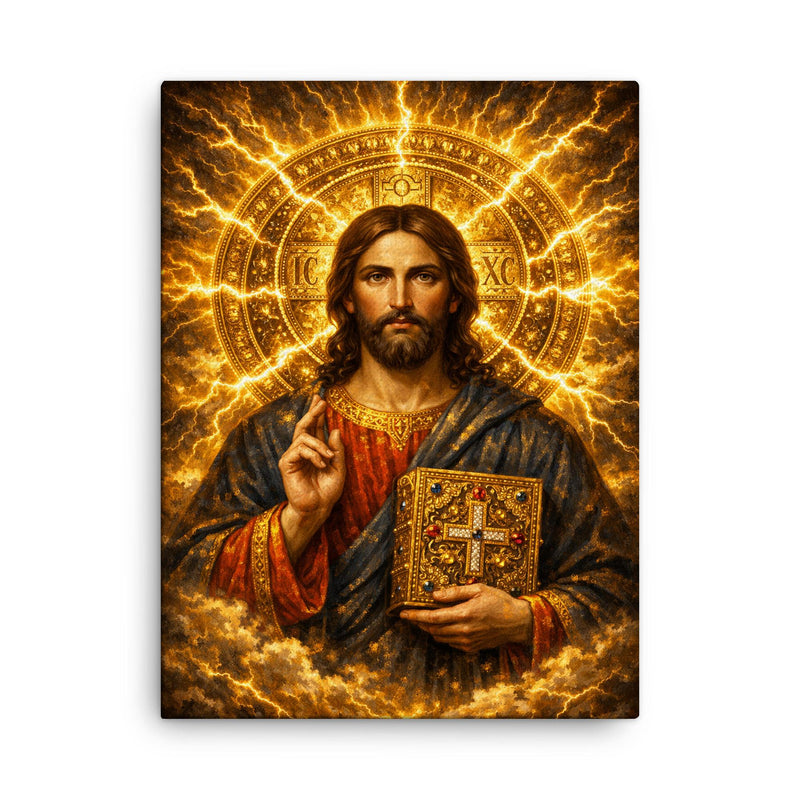 Byzantine Christ Pantocrator in gold storm halo canvas print on a plain backdrop in size 18