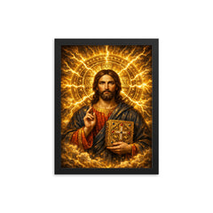 Byzantine Christ Pantocrator in gold storm halo framed print on a plain backdrop in size 12"x16".