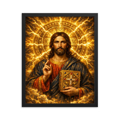 Byzantine Christ Pantocrator in gold storm halo framed print on a plain backdrop in size 16"x20".