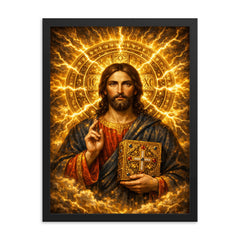 Byzantine Christ Pantocrator in gold storm halo framed print on a plain backdrop in size 18"x24".