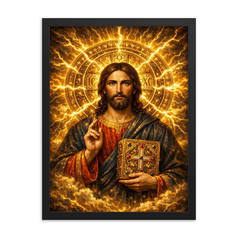 Byzantine Christ Pantocrator in gold storm halo framed print on a plain backdrop in size 18
