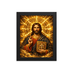 Byzantine Christ Pantocrator in gold storm halo framed print on a plain backdrop in size 8"x10".