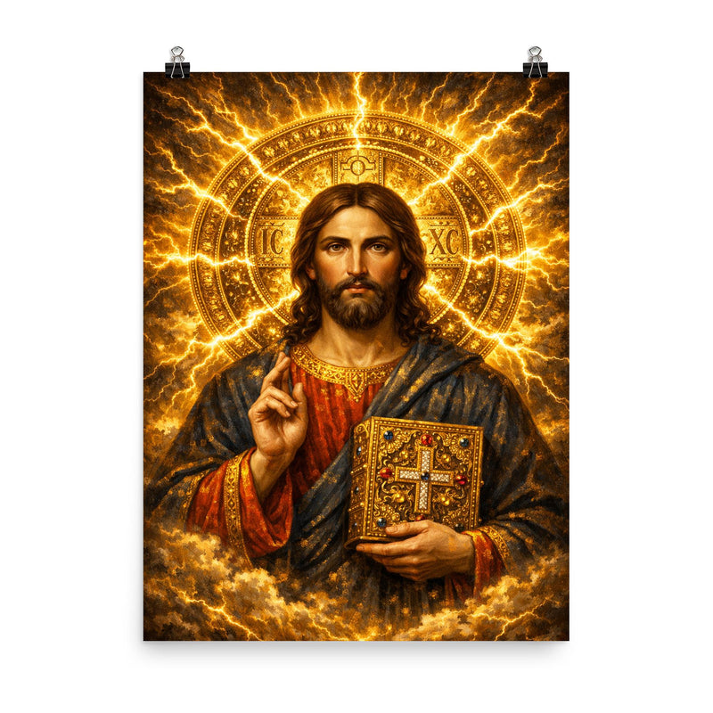 Byzantine Christ Pantocrator in gold storm halo poster on a plain backdrop in size 8