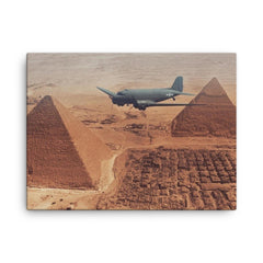 C-47 Over the Pyramids, Transporting Supplies for Troops in Tobruk, 1942 canvas print on a plain backdrop in size 18"x24".