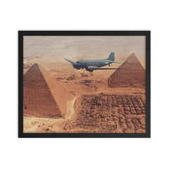 C-47 Over the Pyramids, Transporting Supplies for Troops in Tobruk, 1942 framed print on a plain backdrop in size 16"x20".
