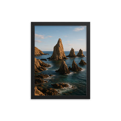 Cabo de Gata Sea Stacks Spain framed print on a plain backdrop in size 12"x16".