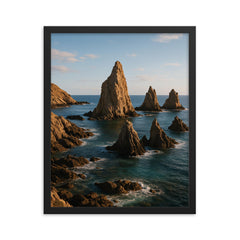Cabo de Gata Sea Stacks Spain framed print on a plain backdrop in size 16"x20".