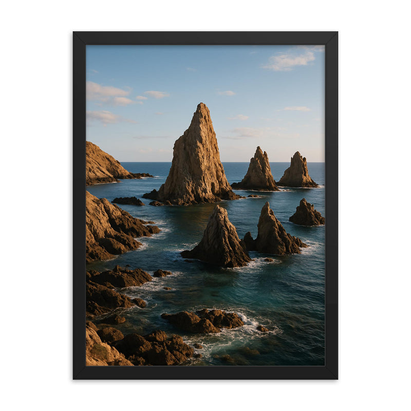 Cabo de Gata Sea Stacks Spain framed print on a plain backdrop in size 18