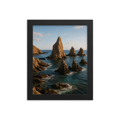 Cabo de Gata Sea Stacks Spain framed print on a plain backdrop in size 8"x10".