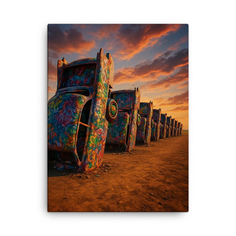 Cadillac Ranch Amarillo USA canvas print on a plain backdrop in size 18