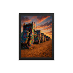 Cadillac Ranch Amarillo USA framed print on a plain backdrop in size 12"x16".
