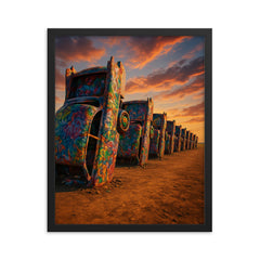 Cadillac Ranch Amarillo USA framed print on a plain backdrop in size 16"x20".