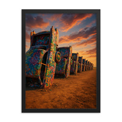 Cadillac Ranch Amarillo USA framed print on a plain backdrop in size 18"x24".