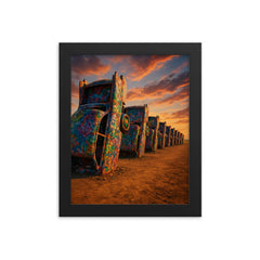 Cadillac Ranch Amarillo USA framed print on a plain backdrop in size 8"x10".