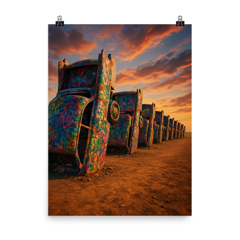 Cadillac Ranch Amarillo USA poster on a plain backdrop in size 8