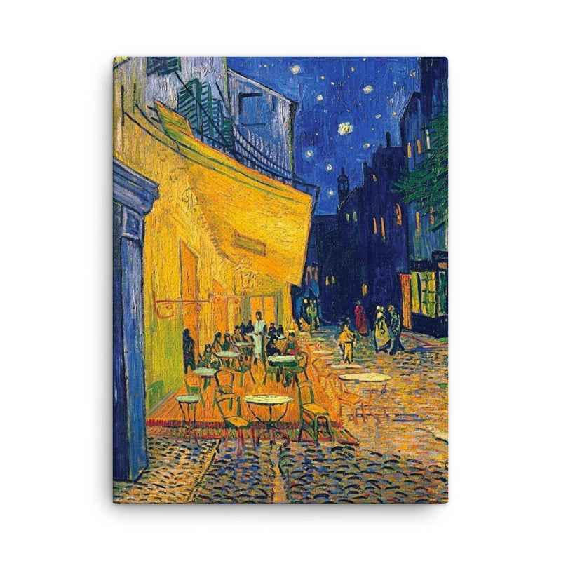 Cafe Terrace at Night by Vincent Van Gogh canvas print on a plain backdrop in size 18