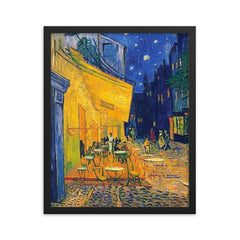Cafe Terrace at Night by Vincent Van Gogh framed print on a plain backdrop in size 16"x20".