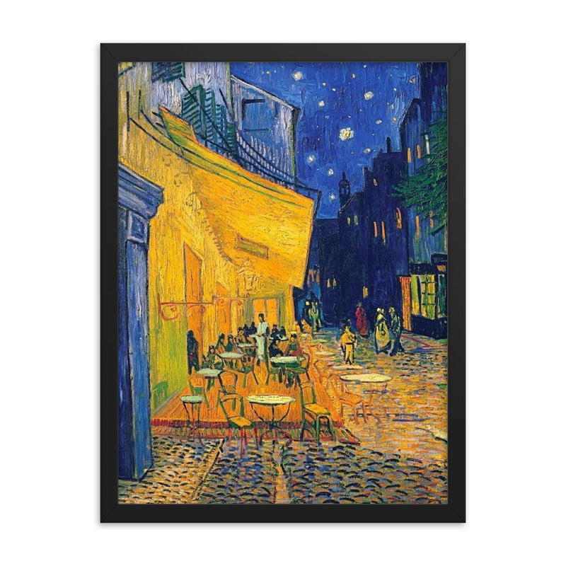 Cafe Terrace at Night by Vincent Van Gogh framed print on a plain backdrop in size 18