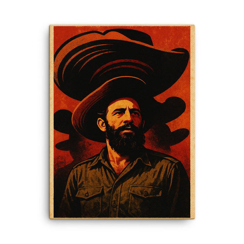 Camilo Cienfuegos beneath oversized sombrero shadows canvas print on a plain backdrop in size 18