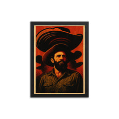 Camilo Cienfuegos beneath oversized sombrero shadows framed print on a plain backdrop in size 12"x16".