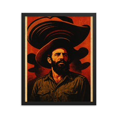 Camilo Cienfuegos beneath oversized sombrero shadows framed print on a plain backdrop in size 16"x20".