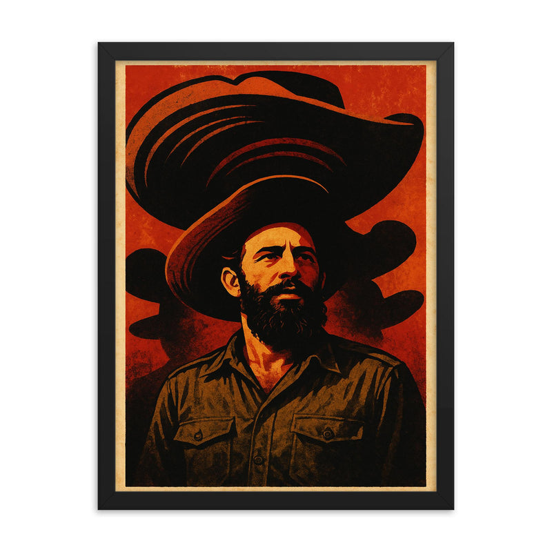 Camilo Cienfuegos beneath oversized sombrero shadows framed print on a plain backdrop in size 18