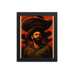Camilo Cienfuegos beneath oversized sombrero shadows framed print on a plain backdrop in size 8"x10".
