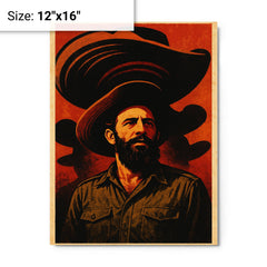 Camilo Cienfuegos beneath oversized sombrero shadows metal print on a plain backdrop in size 12"x16".