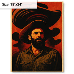 Camilo Cienfuegos beneath oversized sombrero shadows metal print on a plain backdrop in size 18"x24".