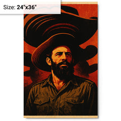Camilo Cienfuegos beneath oversized sombrero shadows metal print on a plain backdrop in size 24"x36".