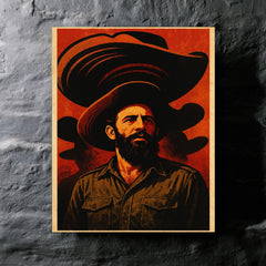 Camilo Cienfuegos beneath oversized sombrero shadows metal print mockup