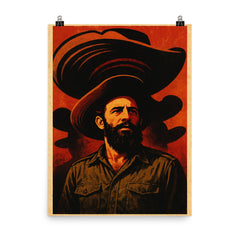 Camilo Cienfuegos beneath oversized sombrero shadows poster on a plain backdrop in size 8"x10".