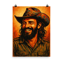 Camilo Cienfuegos smiling beneath a battered revolutionary brim poster 1