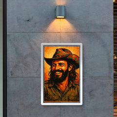 Camilo Cienfuegos smiling beneath a battered revolutionary brim poster 2