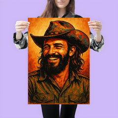 Camilo Cienfuegos smiling beneath a battered revolutionary brim poster 3